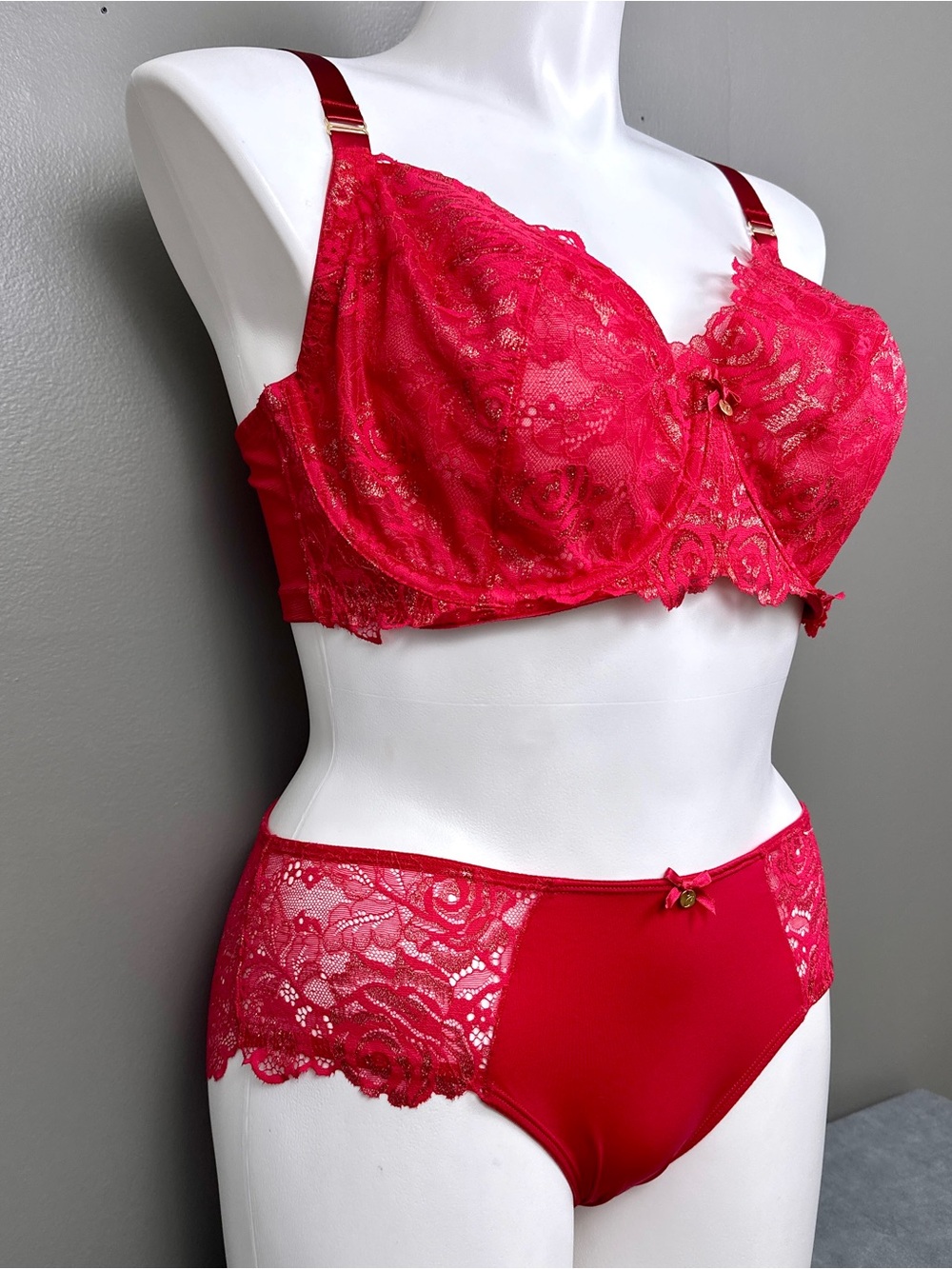 Cacique Red Lace French Full Coverage Bra 44DD Hipster Panties 18/20 Set Panty